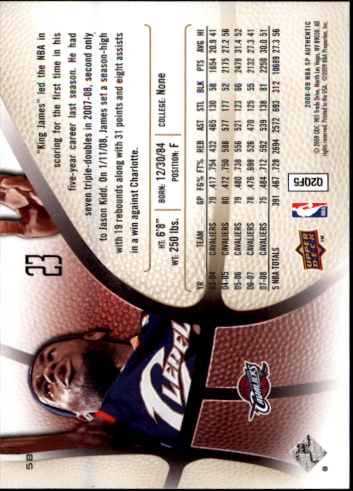2008-09 SP Authentic #58 LeBron James back image