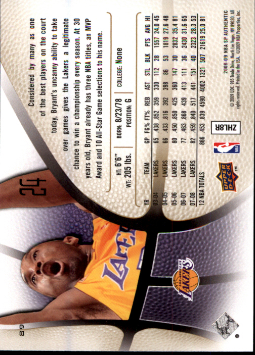 2008-09 SP Authentic #89 Kobe Bryant back image
