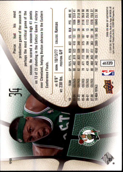 2008-09 SP Authentic #98 Paul Pierce back image
