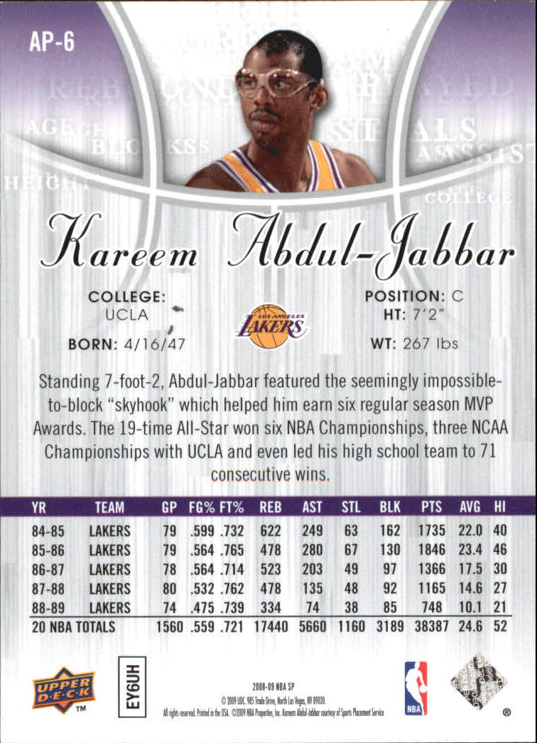 2008-09 SP Authentic Profiles #AP6 Kareem Abdul-Jabbar back image