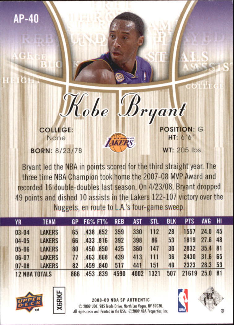 2008-09 SP Authentic Profiles #AP40 Kobe Bryant back image