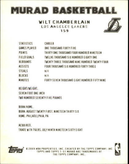 2008-09 Topps T51 Murad Mini #159 Wilt Chamberlain back image