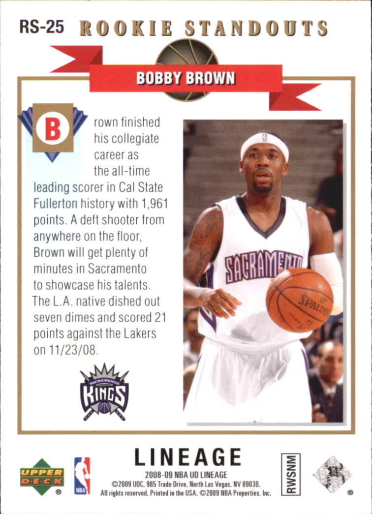 2008-09 Upper Deck Lineage Rookie Standouts #RS25 Bobby Brown back image