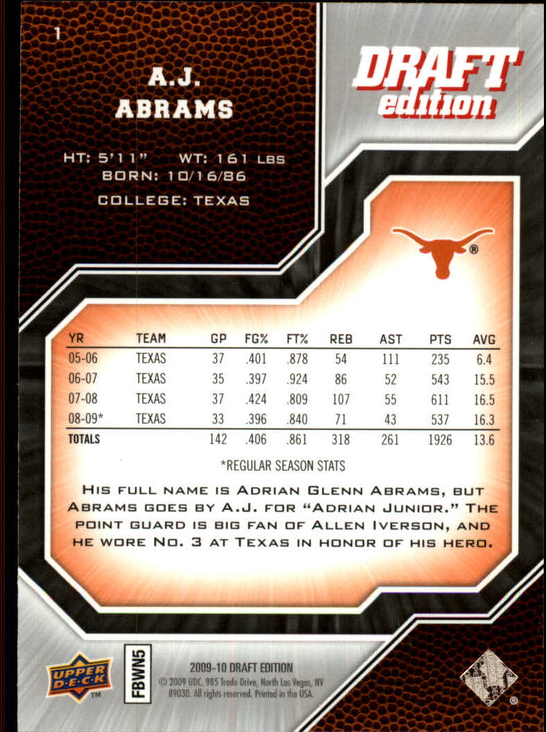 2009-10 Upper Deck Draft Edition #1 A.J. Abrams back image