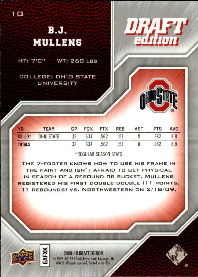 2009-10 Upper Deck Draft Edition #10 B.J. Mullens back image