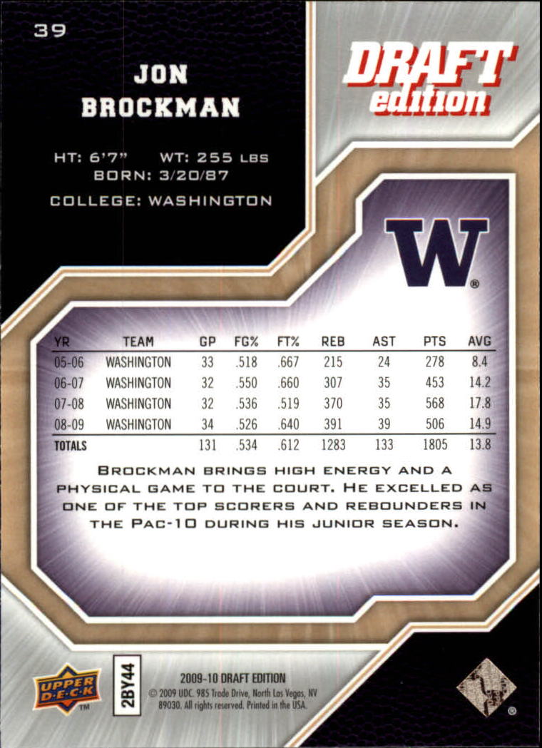 2009-10 Upper Deck Draft Edition #39 Jon Brockman back image