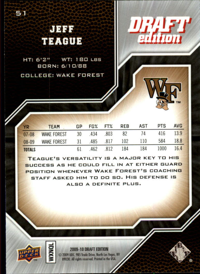 2009-10 Upper Deck Draft Edition #51 Jeff Teague back image