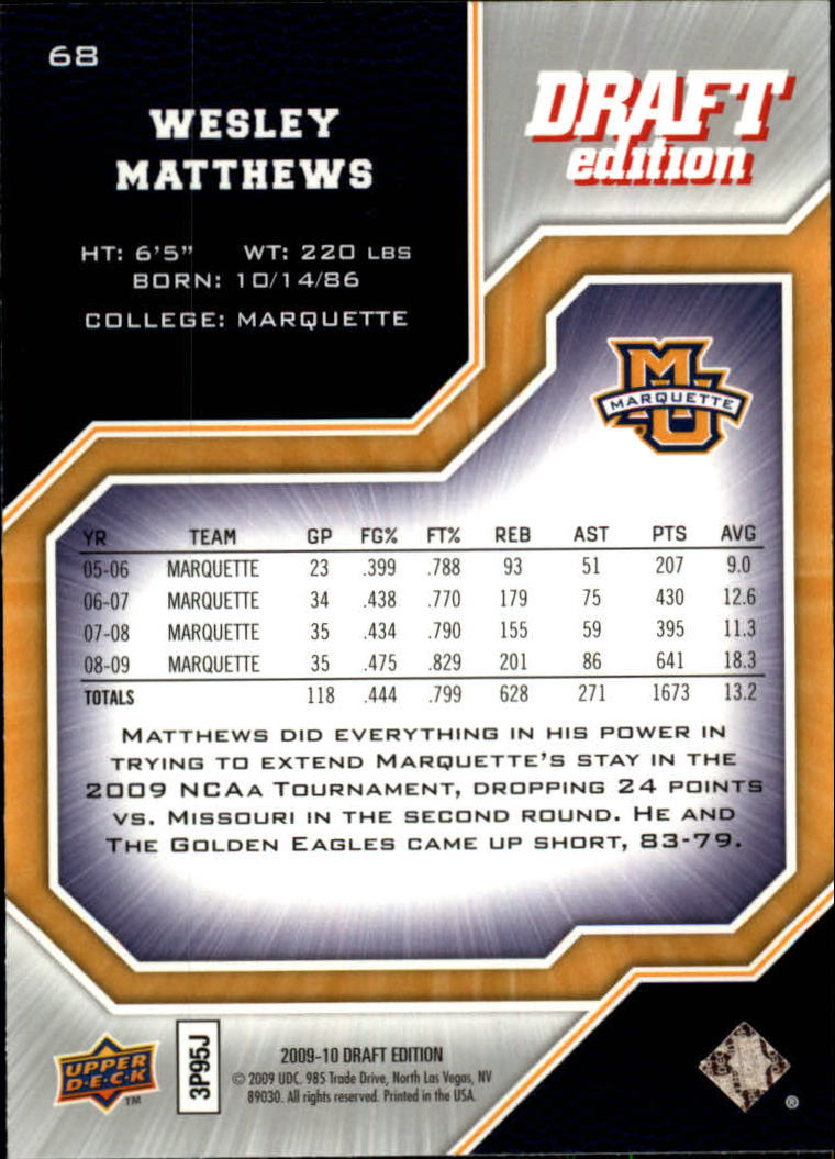 2009-10 Upper Deck Draft Edition #68 Wesley Matthews SP back image