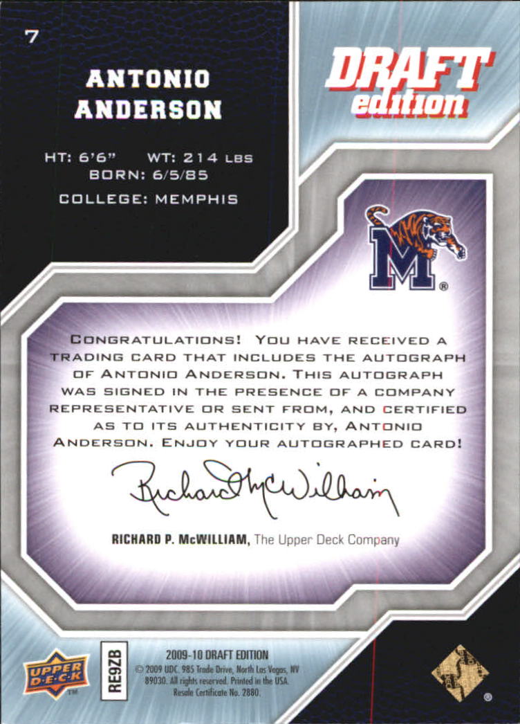 2009-10 Upper Deck Draft Edition Autographs #7 Antonio Anderson/999 back image