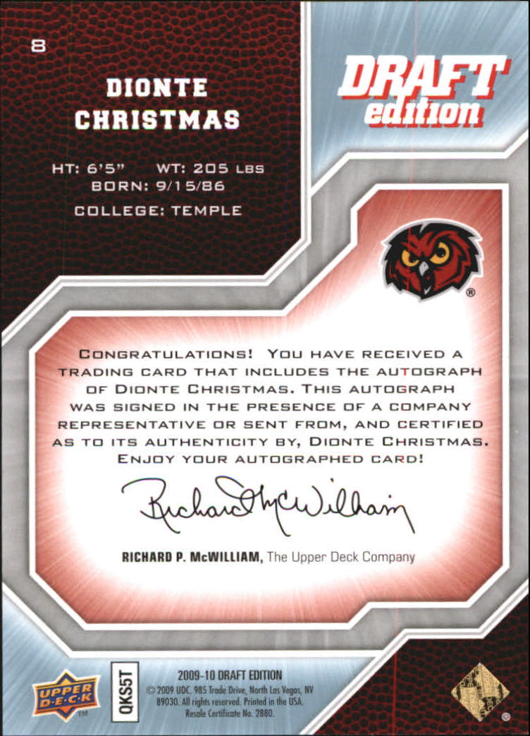 2009-10 Upper Deck Draft Edition Autographs #8 Dionte Christmas/999 back image