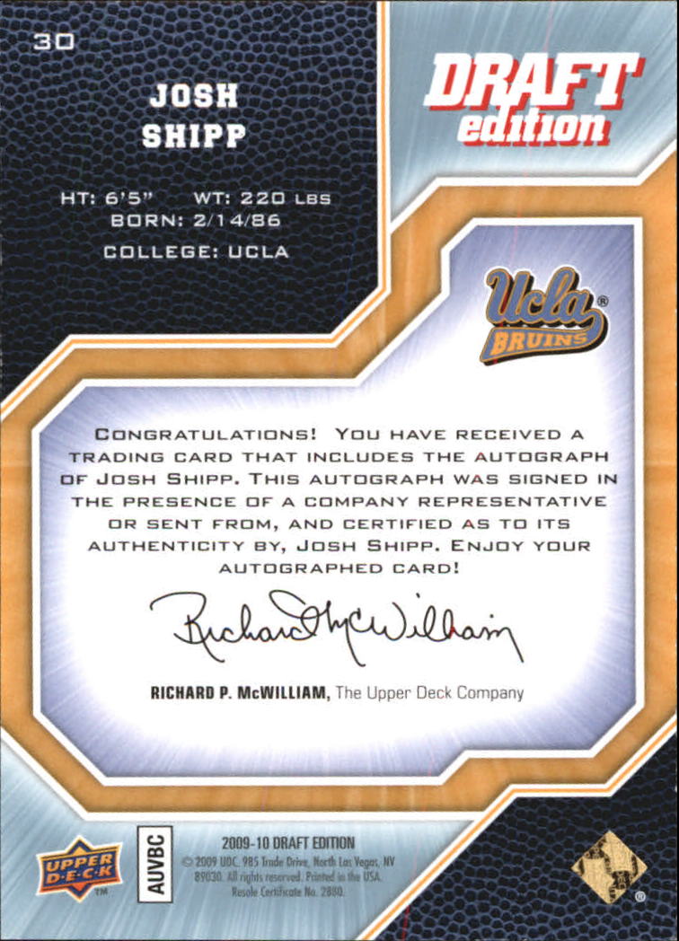 2009-10 Upper Deck Draft Edition Autographs #30 Josh Shipp/499 back image