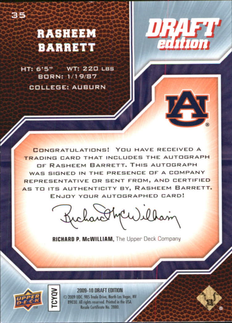 2009-10 Upper Deck Draft Edition Autographs #35 Rasheem Barrett/499 back image