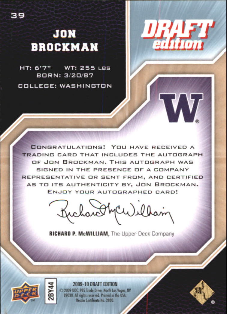 2009-10 Upper Deck Draft Edition Autographs #39 Jon Brockman/999 back image