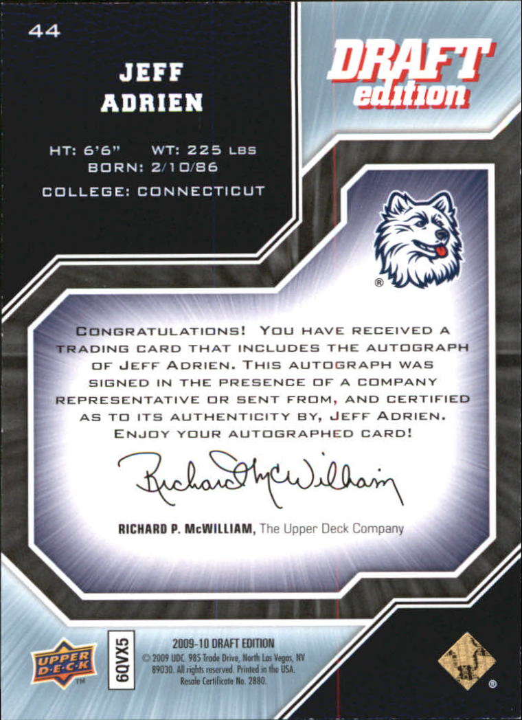 2009-10 Upper Deck Draft Edition Autographs #44 Jeff Adrien/499 back image