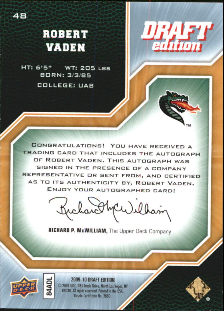 2009-10 Upper Deck Draft Edition Autographs #48 Robert Vaden/999 back image