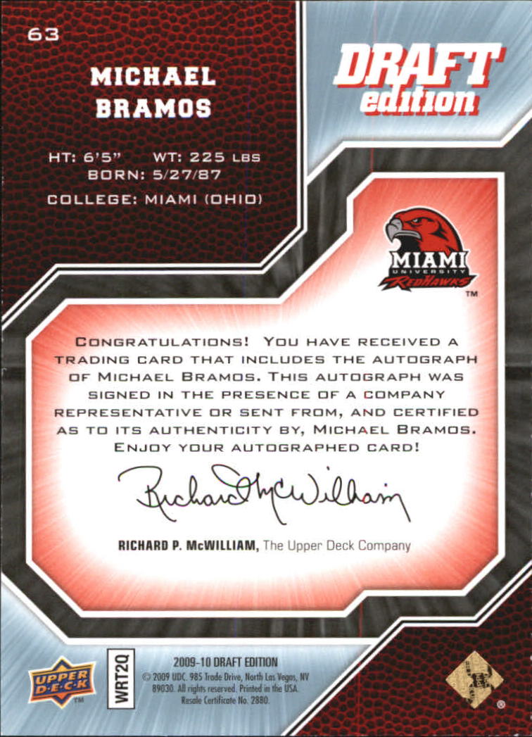 2009-10 Upper Deck Draft Edition Autographs #63 Michael Bramos/999 back image