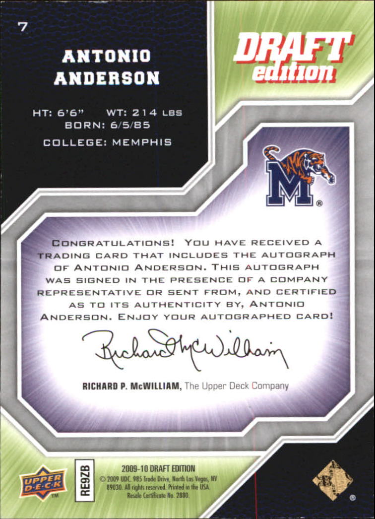 2009-10 Upper Deck Draft Edition Autographs Green #7 Antonio Anderson/249 back image