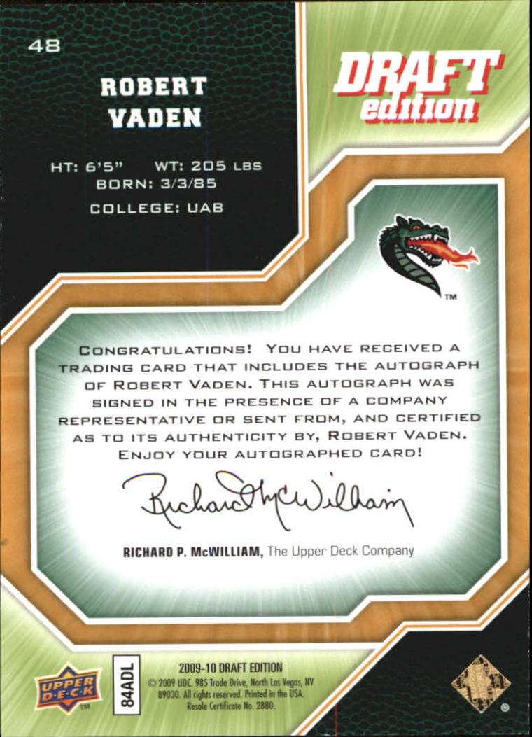 2009-10 Upper Deck Draft Edition Autographs Green #48 Robert Vaden/249 back image