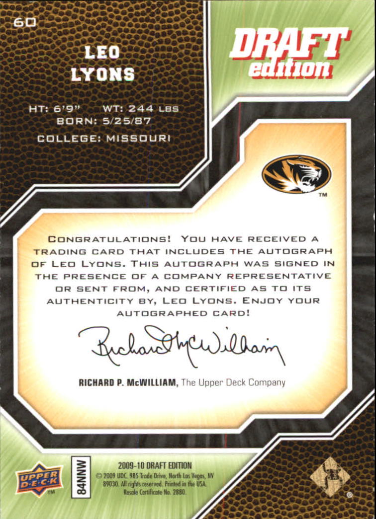 2009-10 Upper Deck Draft Edition Autographs Green #60 Leo Lyons/249 back image