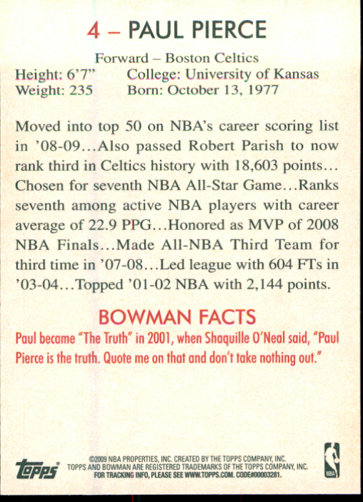 2009-10 Bowman 48 #4 Paul Pierce back image