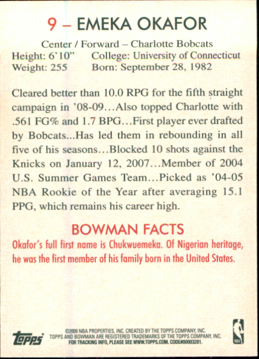 2009-10 Bowman 48 #9 Emeka Okafor back image