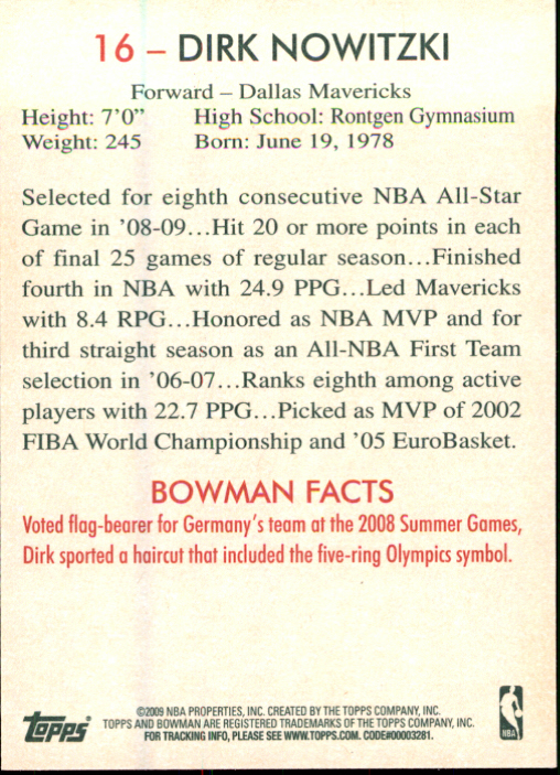 2009-10 Bowman 48 #16 Dirk Nowitzki back image