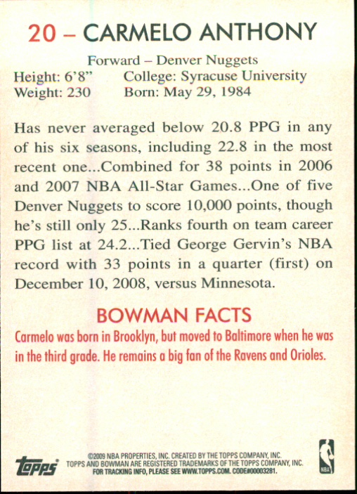2009-10 Bowman 48 #20 Carmelo Anthony back image