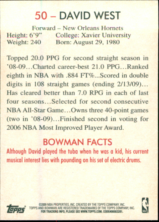 2009-10 Bowman 48 #50 David West back image