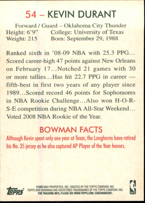 2009-10 Bowman 48 #54 Kevin Durant back image