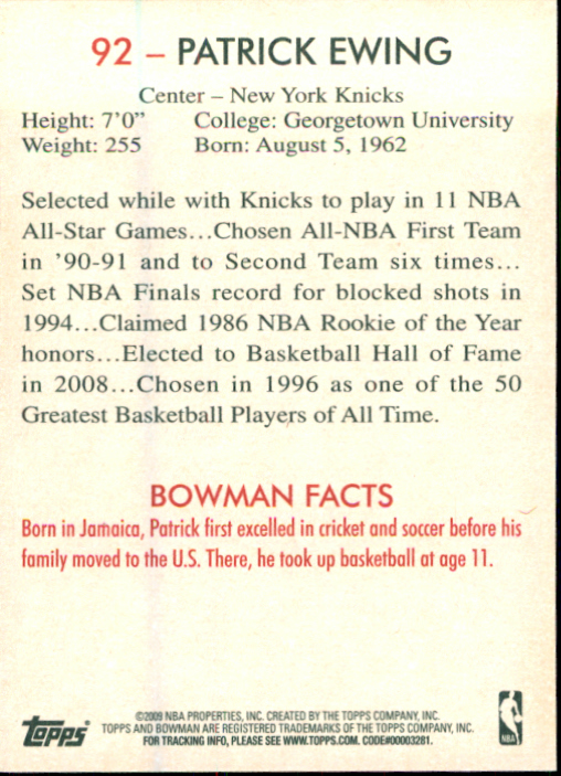 2009-10 Bowman 48 #92 Patrick Ewing back image