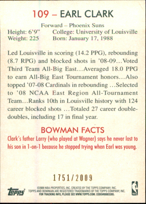 2009-10 Bowman 48 #109 Earl Clark RC back image