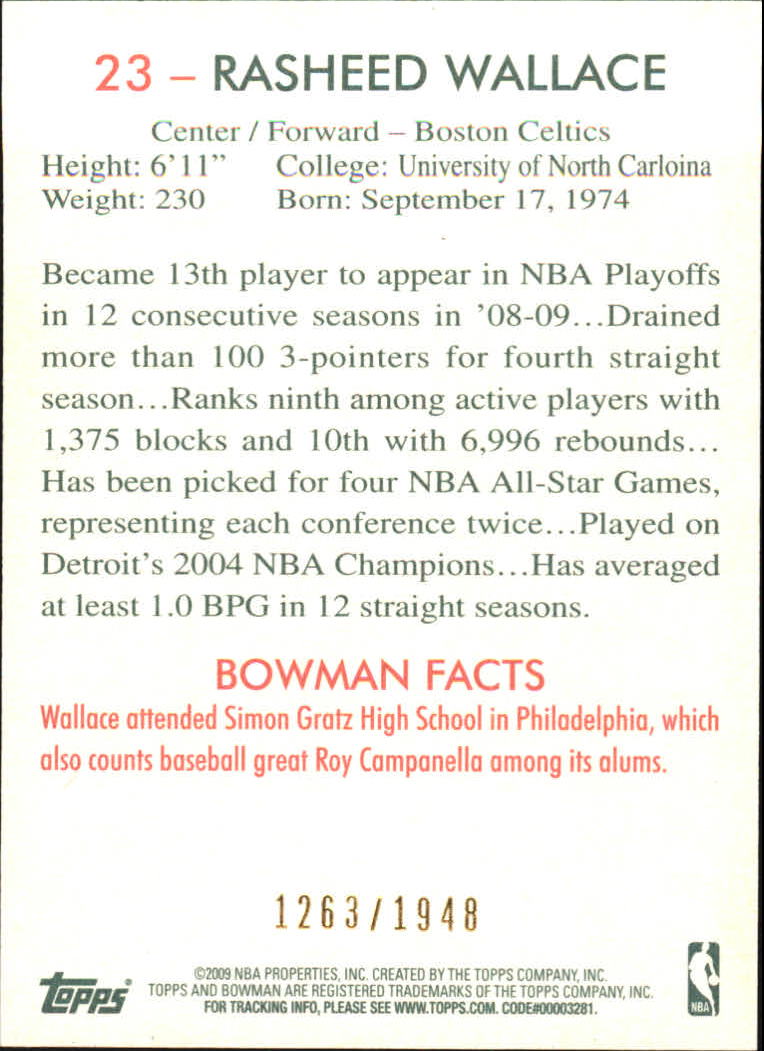 2009-10 Bowman 48 Blue #23 Rasheed Wallace back image