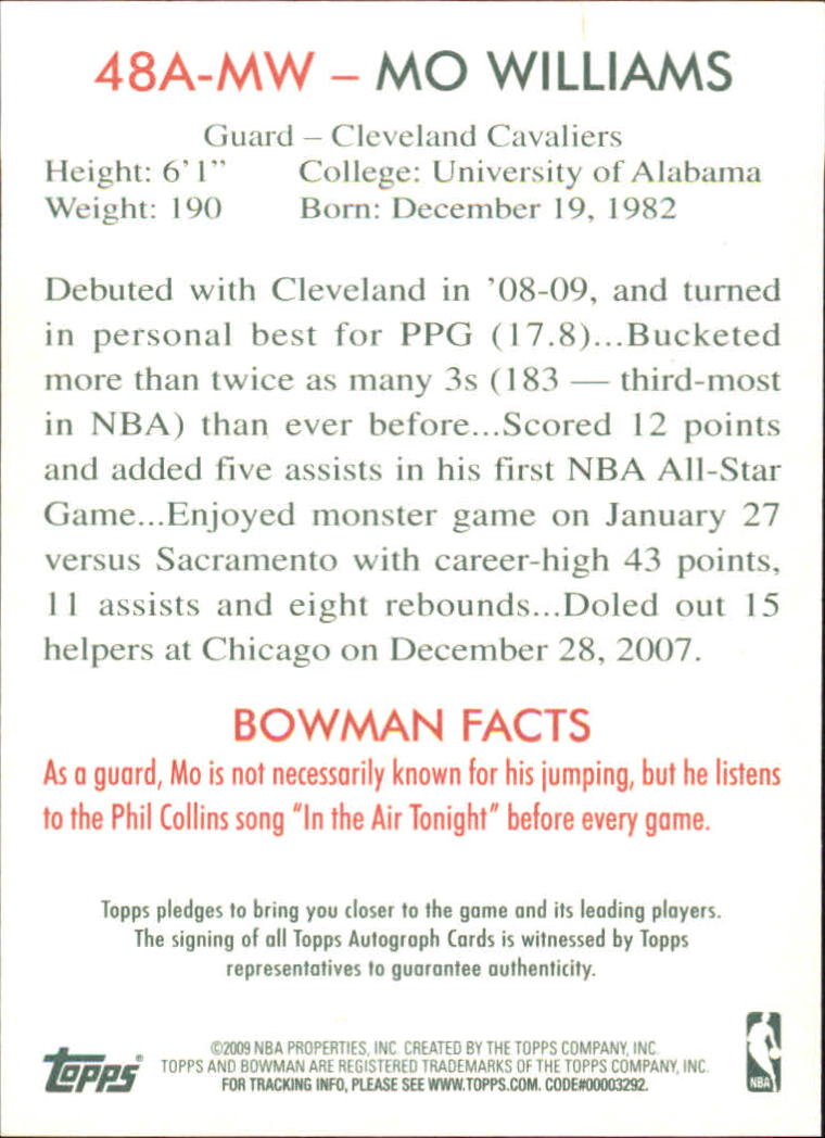 2009-10 Bowman 48 Autographs #48AMW Mo Williams back image