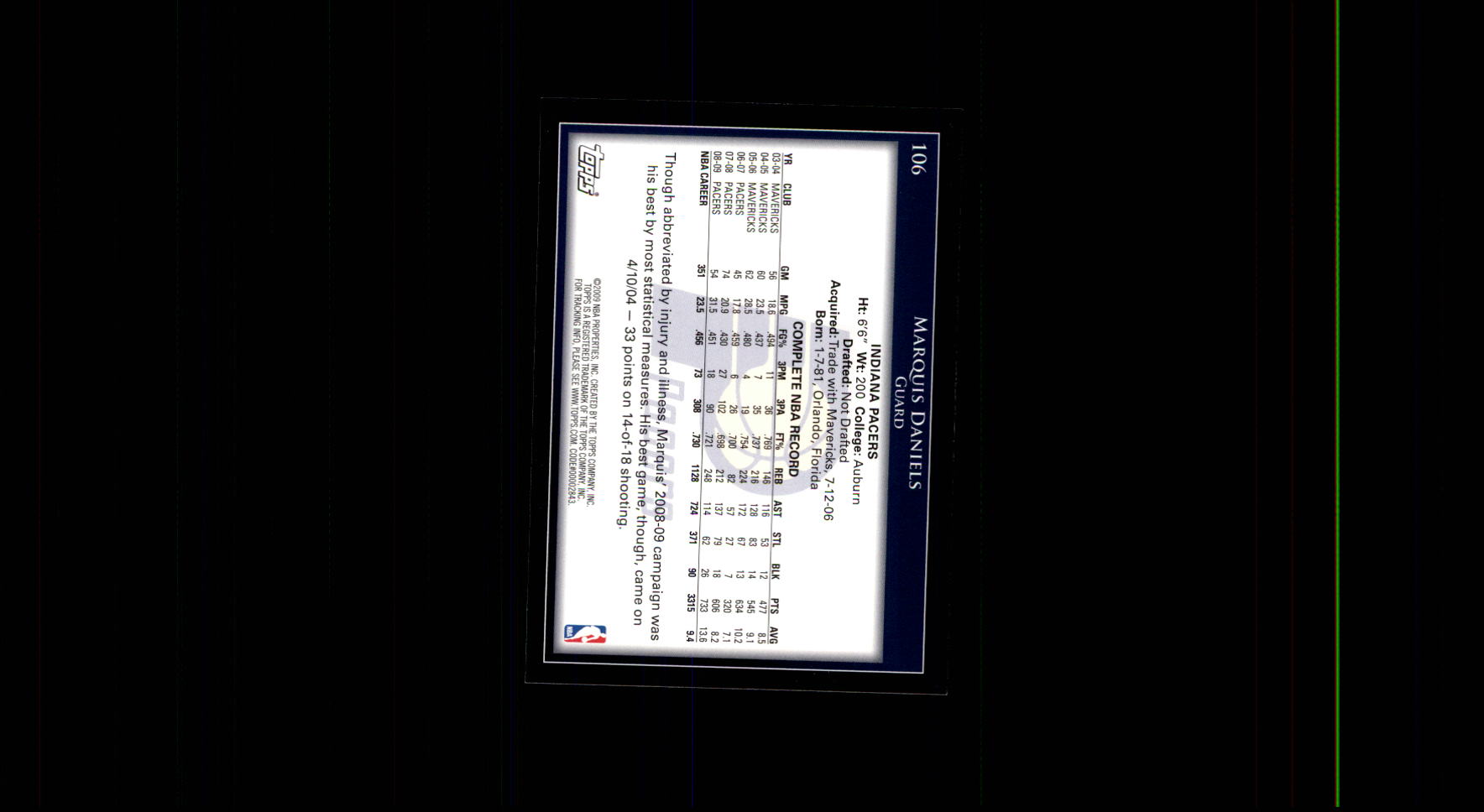 2009-10 Topps #106 Marquis Daniels back image