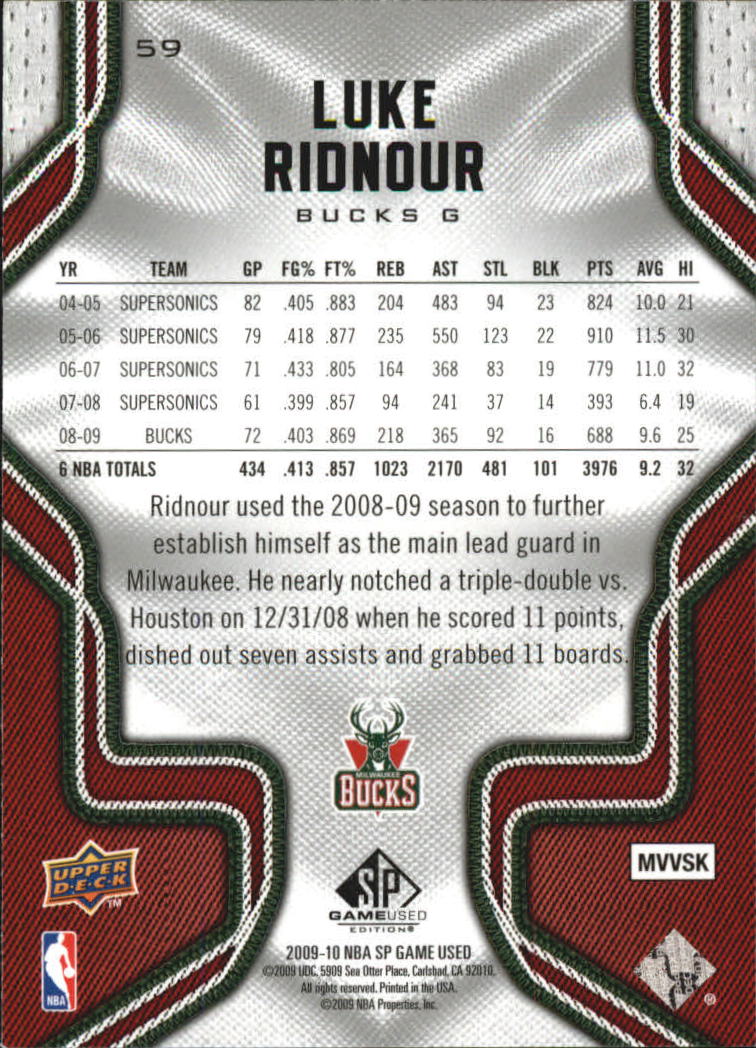 2009-10 SP Game Used #59 Luke Ridnour back image
