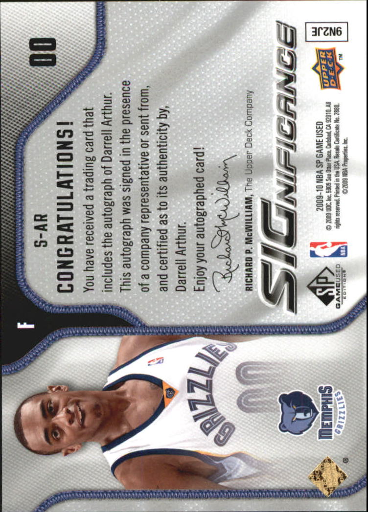 2009-10 SP Game Used SIGnificance #SAR Darrell Arthur back image