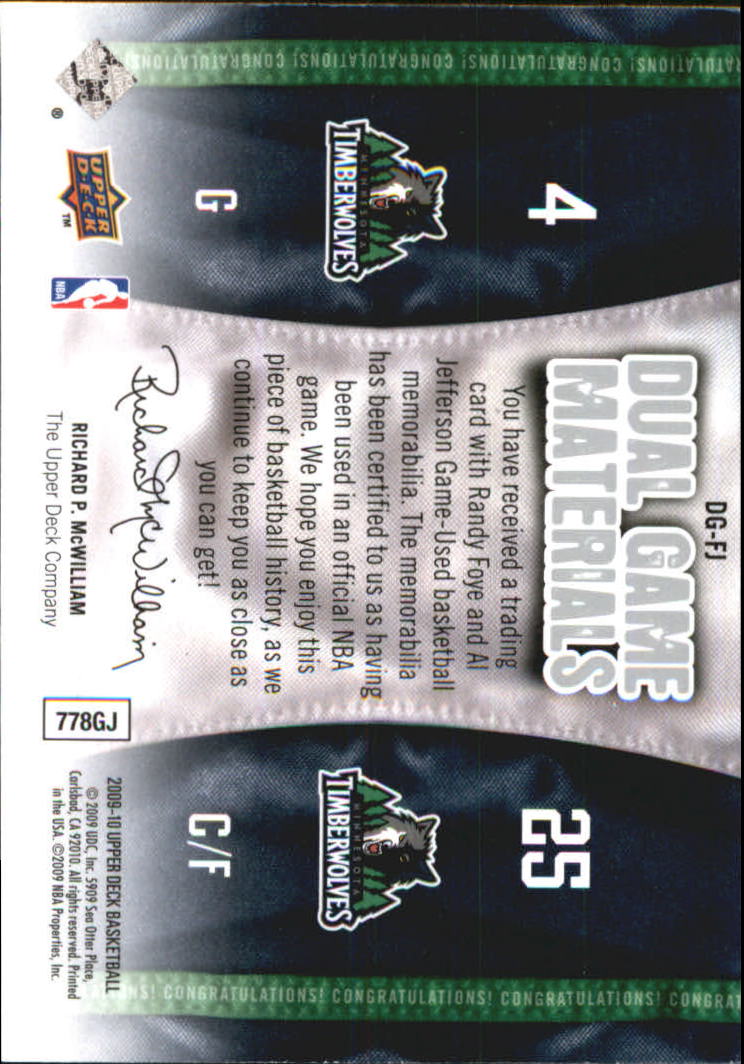 2009-10 Upper Deck Game Materials Dual #DGFJ Al Jefferson/Randy Foye back image
