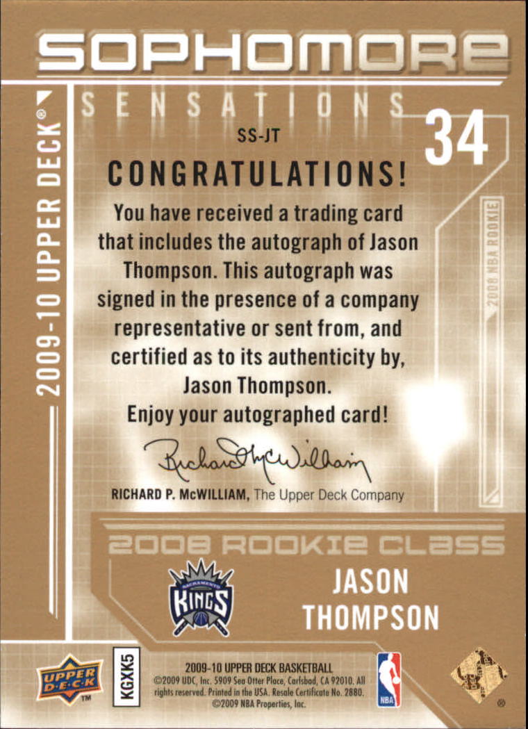 2009-10 Upper Deck Sophomore Sensations Autographs #SSJT Jason Thompson back image