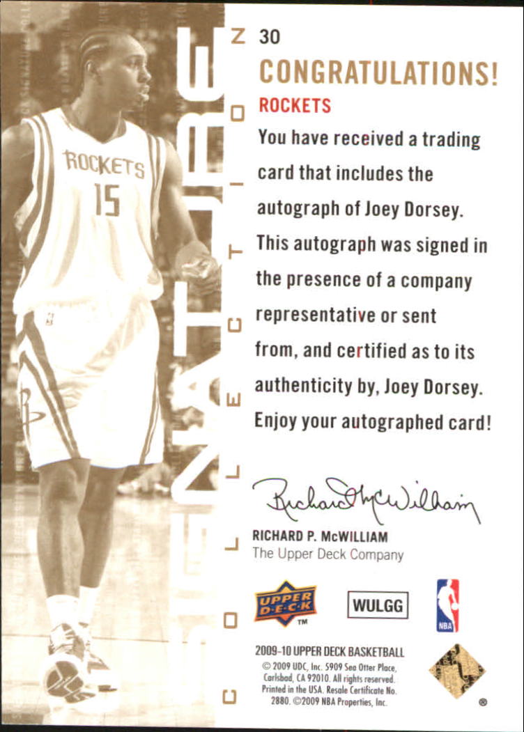 2009-10 Upper Deck Signature Collection #30 Joey Dorsey back image