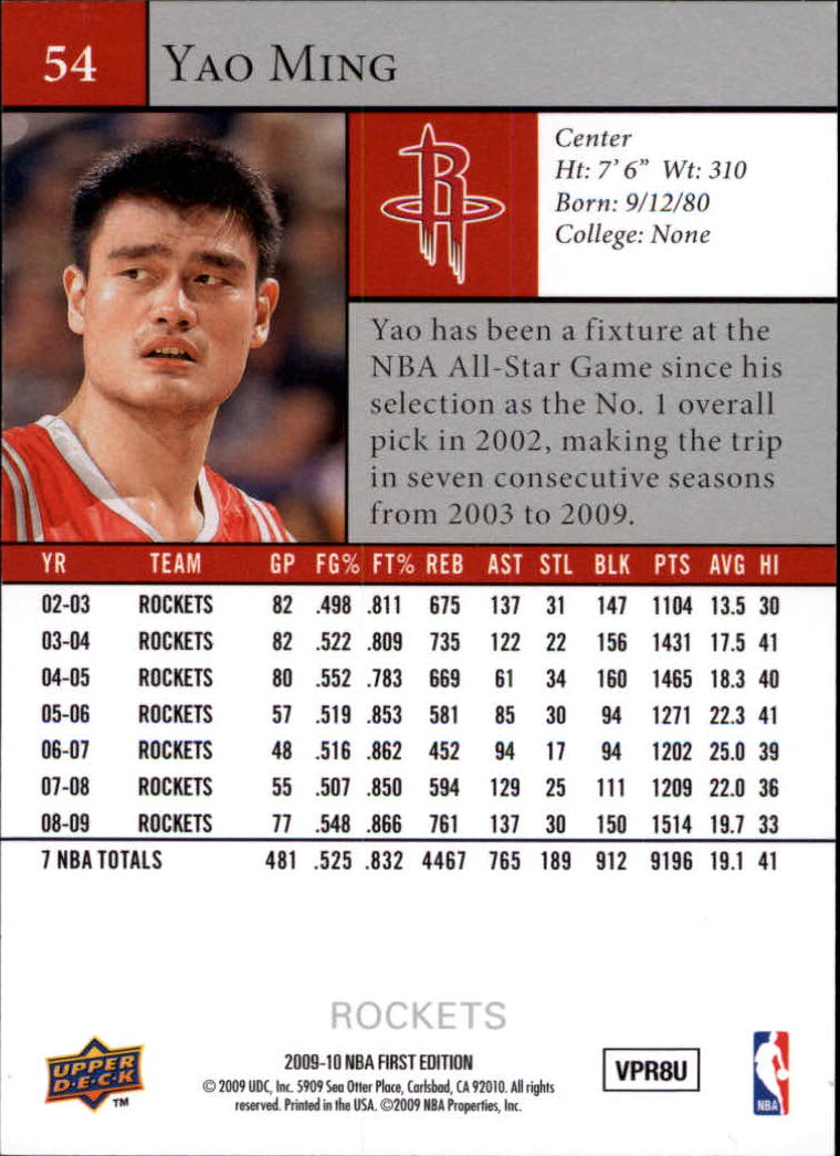 2009-10 Upper Deck First Edition #54 Yao Ming back image