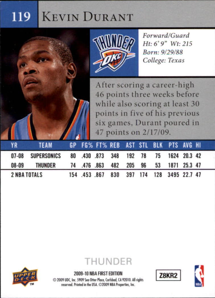 2009-10 Upper Deck First Edition #119 Kevin Durant back image