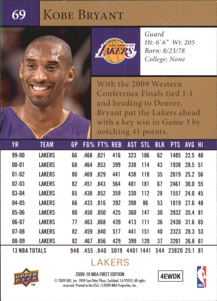 2009-10 Upper Deck First Edition Gold #69 Kobe Bryant back image