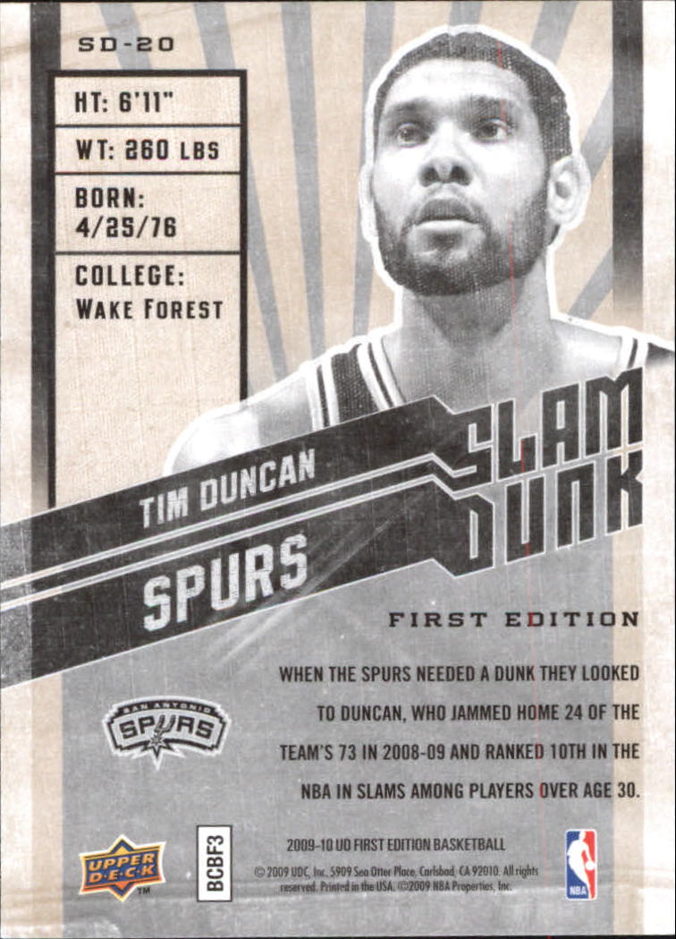2009-10 Upper Deck First Edition Slam Dunk #SD20 Tim Duncan back image