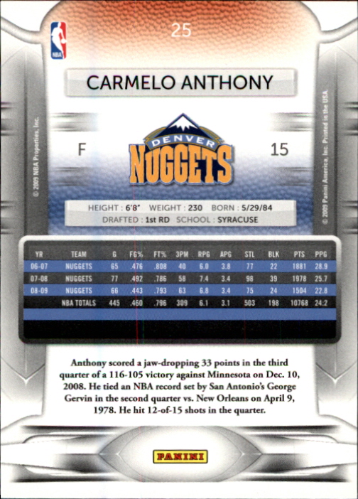 2009-10 Prestige #25 Carmelo Anthony back image