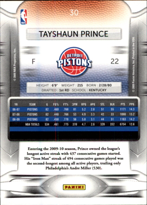 2009-10 Prestige #30 Tayshaun Prince back image
