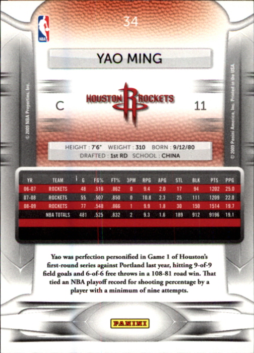 2009-10 Prestige #34 Yao Ming back image