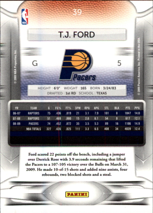 2009-10 Prestige #39 T.J. Ford back image
