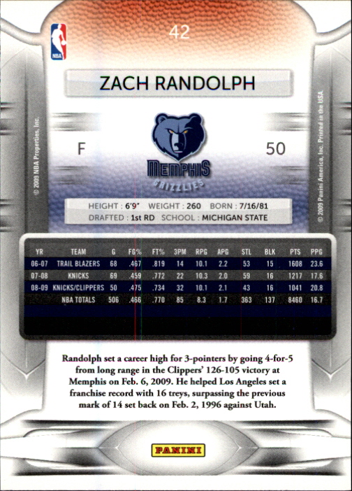 2009-10 Prestige #42 Zach Randolph back image