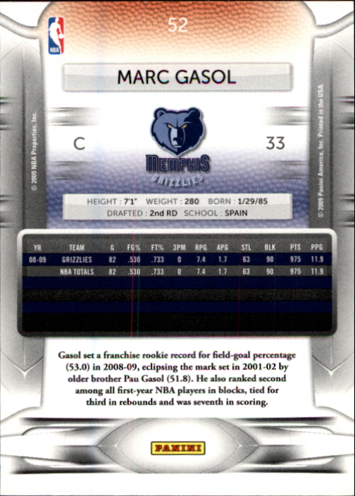 2009-10 Prestige #52 Marc Gasol back image