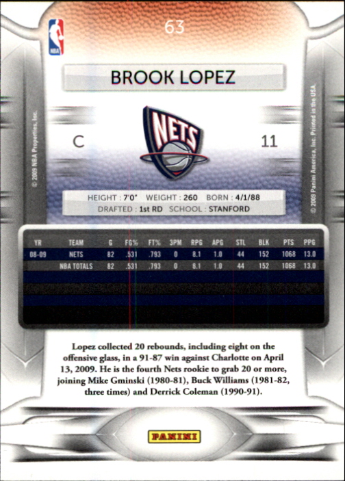 2009-10 Prestige #63 Brook Lopez back image